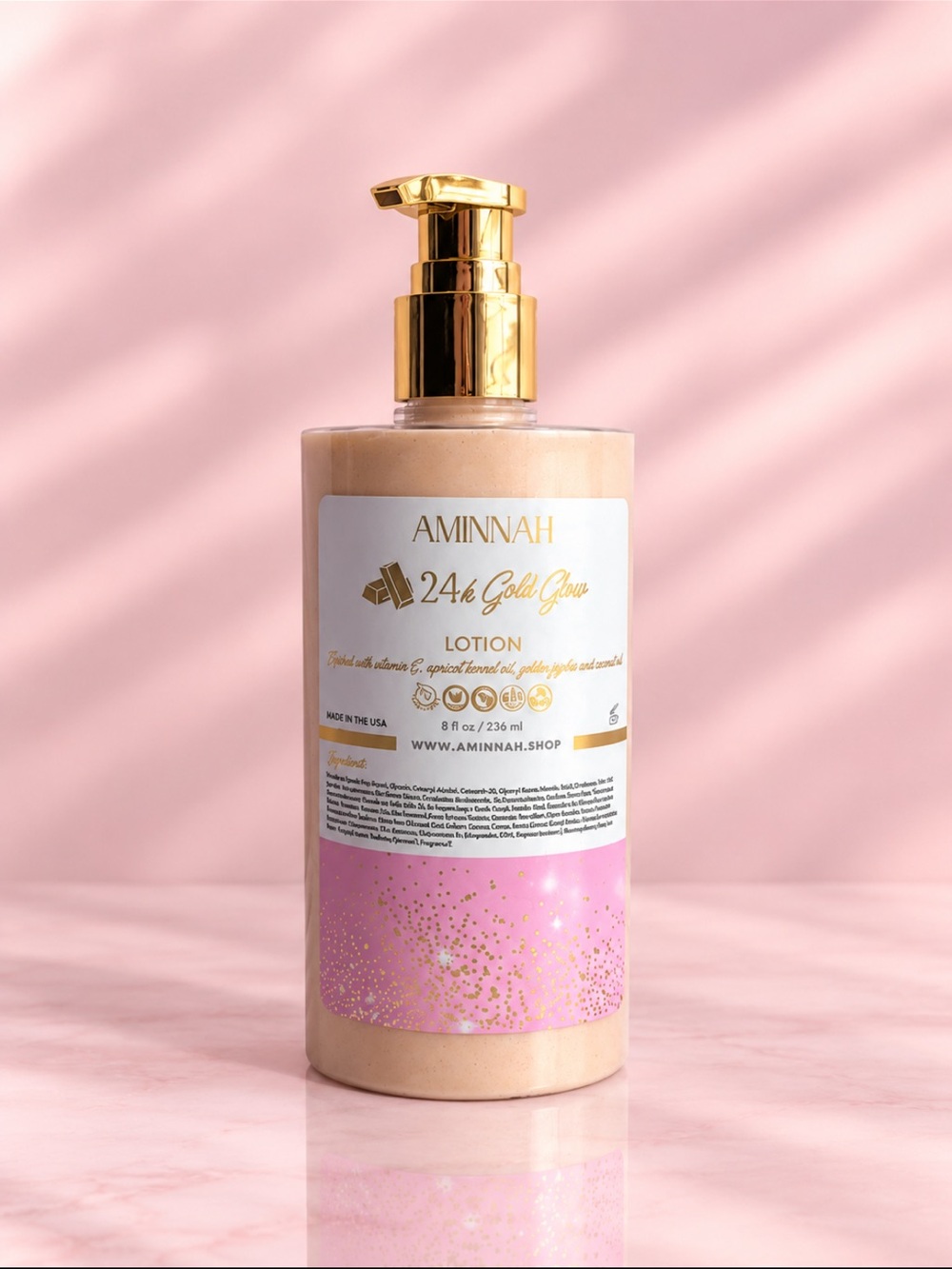 AMINNAH 24k Gold Glow Lotion — Pink & Gold Moisturizer
